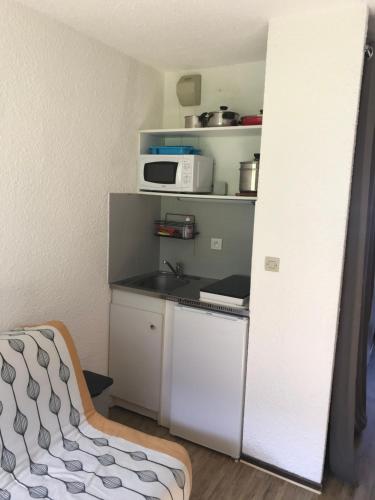 une petite cuisine avec un évier et un micro-ondes dans l'établissement Bernex studio au calme parking privé, à Bernex