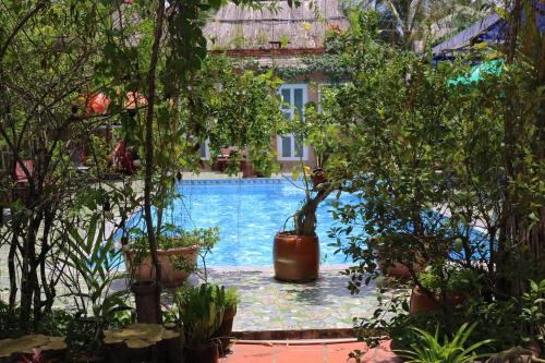 a swimming pool with trees and plants around it at Bầu Bí Mini Farmstay Mekong - Tiền Giang in My Tho