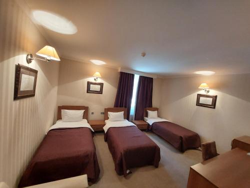 um quarto de hotel com três camas num quarto em Sheki Olimp Villa em Sheki