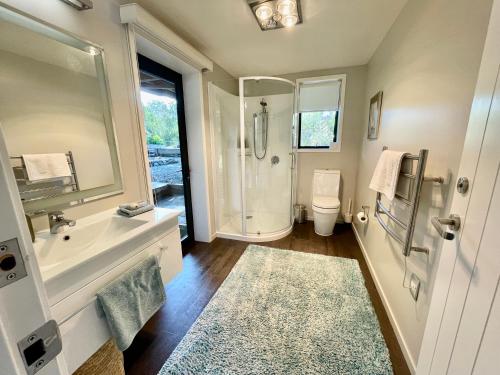 聖阿諾的住宿－The bach，带淋浴、盥洗盆和卫生间的浴室