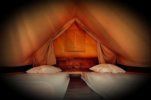 two beds in a room with a tent at Les Lodges de la ViaRhôna - Tentes Lodges in Virignin
