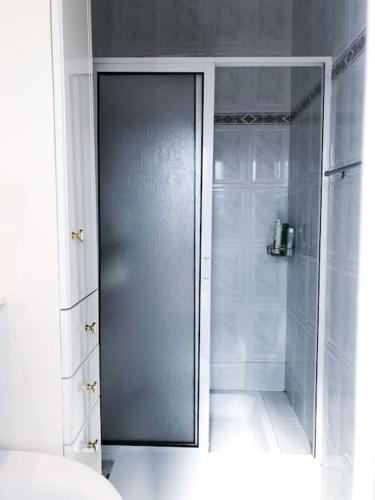 a bathroom with a shower and a glass door at Maison familiale de caractère avec piscine in Padronelo
