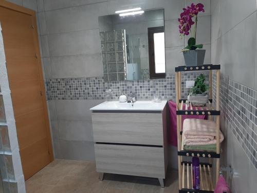 een badkamer met een wastafel en een spiegel bij Vivienda Rural Villa Madrid Alcázar in El Gastor