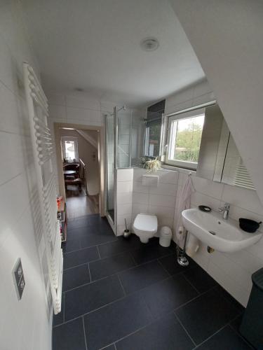 a small bathroom with a sink and a toilet at JANs in Herdorf
