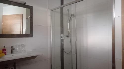 a bathroom with a shower with a sink and a mirror at Landhaus Gerstgraser in Rauris