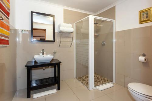a bathroom with a shower and a sink at Inverdoorn Game Reserve Lodge in Breede River DC