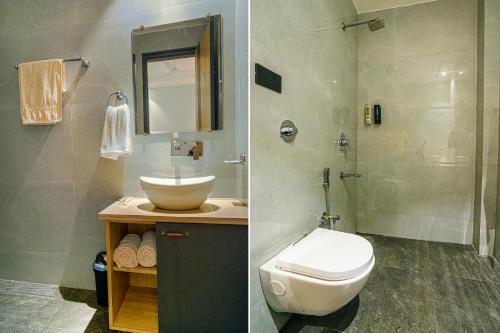 two pictures of a bathroom with a toilet and a sink at Hotel Grand Cabbana By Levelup Hotels in Amritsar