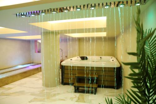 Hotel Colombo في بيرات: حمام مع حوض استحمام و نخلة