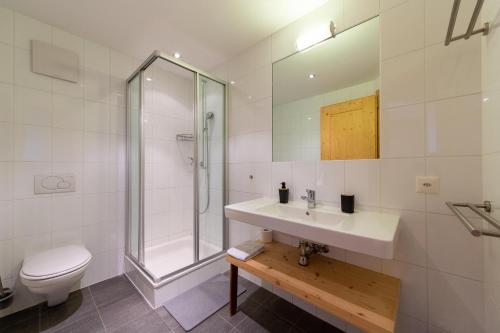 a bathroom with a sink and a shower and a toilet at Ciel Etoilé - Magnifique Chalet, 14 personnes - vue incroyable in Nendaz