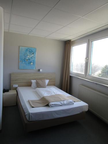 a bedroom with a large bed with two windows at Businesshotel & Appartements Stuttgart-Vaihingen in Stuttgart