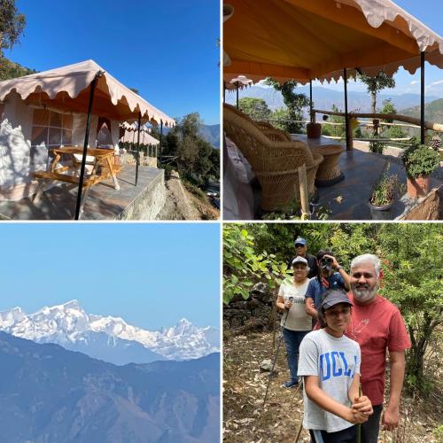a collage of photos with people standing around a tent at Ananta Prana in Mussoorie