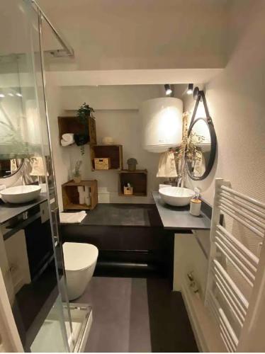 La salle de bains est pourvue de 2 lavabos et de toilettes. dans l'établissement Studio hyper centre de Caen, à Caen