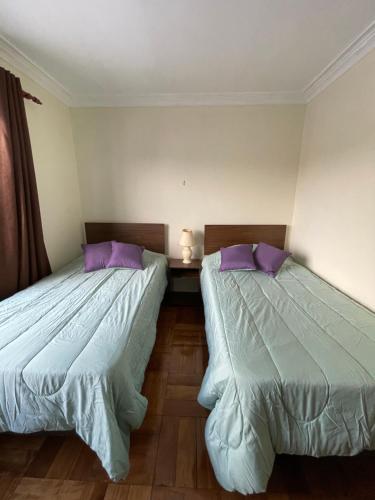 two beds in a room with purple pillows at El Centrito in Talca