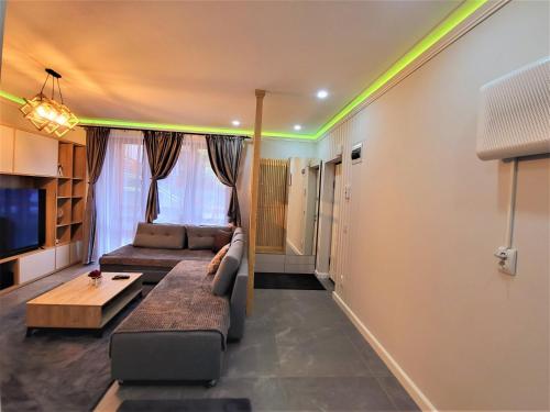 een woonkamer met een bank en een tv bij Sirius Confort Kalinderu in Buşteni