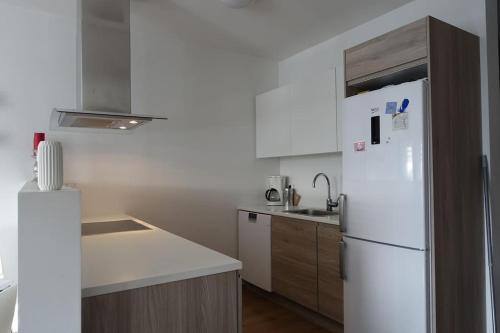 een keuken met een witte koelkast en een wastafel bij Beautiful flat in downtown Reykjavík with a veiw in Reykjavík