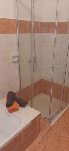 a bathroom with a shower with a hat on the floor at Your Basic Lodging Gozo in Marsalforn