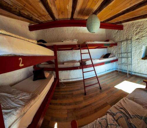 a room with two bunk beds and a ladder at Mountain Hostel Finca La Isa in Tejeda