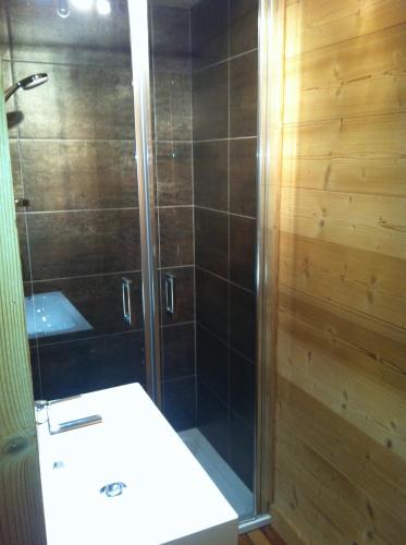 une salle de bain avec douche et lavabo dans l'établissement Chalet Narcisse, à Sixt-Fer-à-Cheval