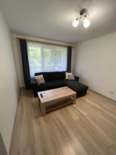 Sala de estar con sofá negro y mesa de centro en Gold Apartments, en Baia Mare
