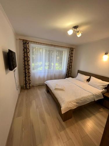 Un dormitorio con una cama grande y una ventana en Gold Apartments, en Baia Mare