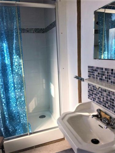 une salle de bain avec douche et lavabo dans l'établissement L'hôte des voyageurs en pays limousin 1, à Lacelle