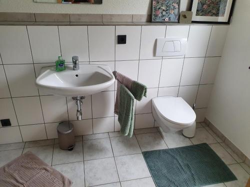 a bathroom with a sink and a toilet at FEWO Kug in Mengen