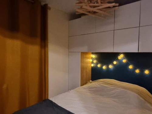 - une chambre avec un lit éclairé dans l'établissement Moderne appart. 4 pers. avec terrasse plein sud, proche télécabine du Linga - équipements inclus - FR-1-198-222, à Châtel