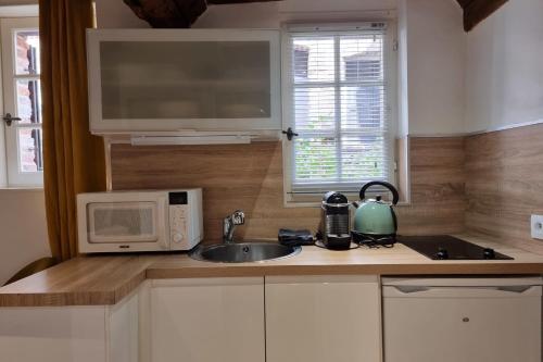 une cuisine avec un évier et un micro-ondes dans l'établissement Le Temps d'une Pause -quiet and cosy - Center Honfleur with fireplace, à Honfleur