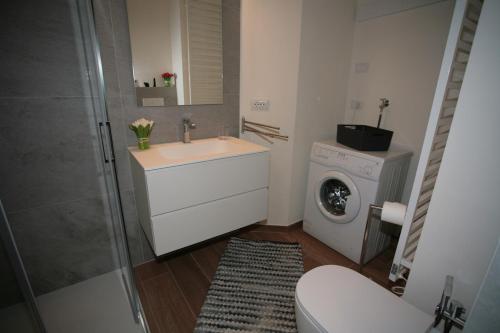 a bathroom with a sink and a washing machine at Residence Anny in Canazei