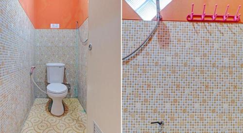 two pictures of a bathroom with a toilet in a tiled room at Adinda Homestay Lembang in Lembang
