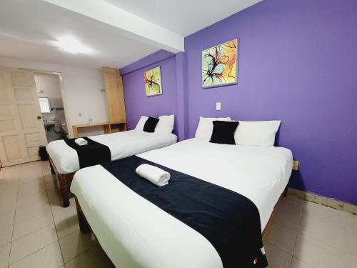 two beds in a room with a purple wall at Hotel Dulce Luna in San Cristóbal de Las Casas