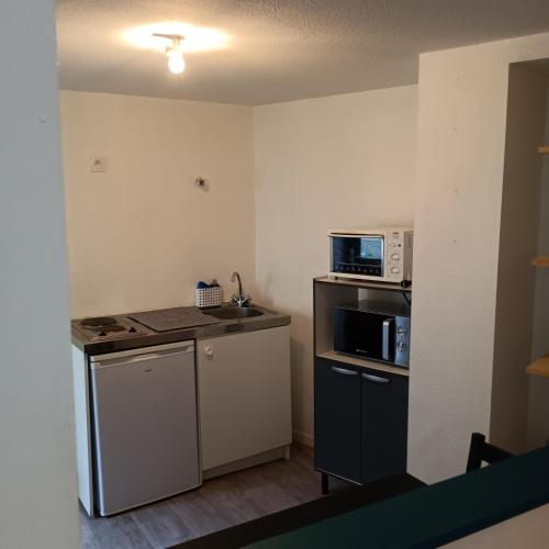 a small kitchen with a stove and microwaves at Studio Bourbon in Bourbon-lʼArchambault