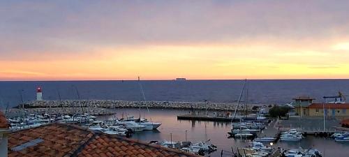 grupa łodzi zakotwiczona w przystani o zachodzie słońca w obiekcie Magnifique vue mer et port w mieście Sausset-les-Pins