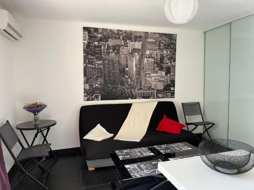 un salon avec un canapé et un tableau au mur dans l'établissement L'appart Isa&Marc T2 avec rez-de-jardin (bus aéroport) tout équipé pour 4 personnes;, à Bormes-les-Mimosas