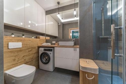 a bathroom with a washer and dryer in it at Lumen Billberry Apartments in Gdańsk