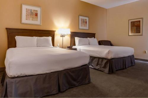 two beds in a hotel room with white sheets at Howard Johnson by Wyndham Amherst Hadley in Amherst