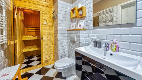 シフィエラドゥフ・ズドルイにあるApartament EVEREST z Sauną - 5D Apartamentyのバスルーム(洗面台、トイレ付)