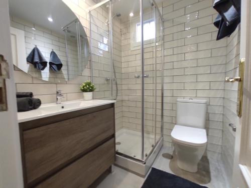 a bathroom with a shower and a toilet and a sink at Precioso apartamento en Puente Vallecas, Madrid. in Madrid