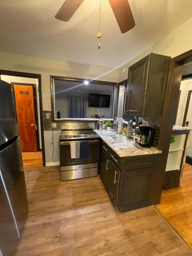 una cocina con armarios negros y electrodomésticos de acero inoxidable en Adults Only vacation rental with Hot tub- NO PARTIES en Detroit