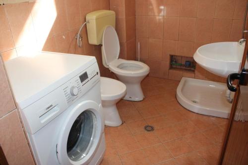 a washing machine in a bathroom with a toilet and sink at Deni Family Apartament in Tirana
