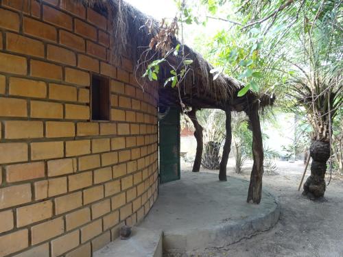 a brick wall with a building with a tree growing out of it at Kansala Ta Toto in Kafountine