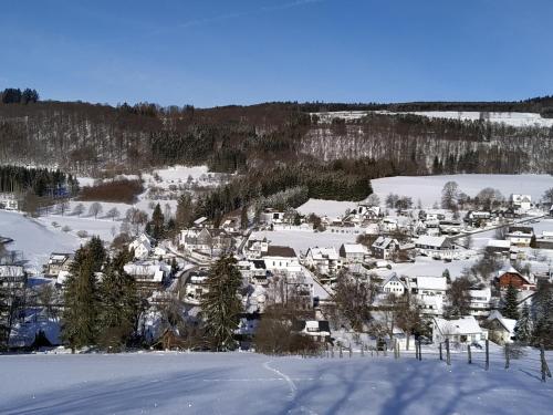 a small town covered in snow with houses at Bed and Breakfast Am Knittenberg in Winterberg