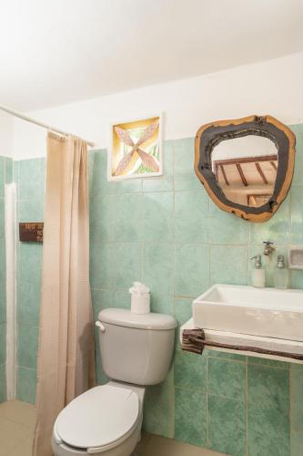 a bathroom with a toilet and a sink and a mirror at Yaxchen Tulum Cabañas & Cenote in Tulum