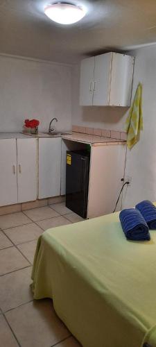cocina con cama verde en una habitación en Studio 5 min from the beach, en Kas Chikitu