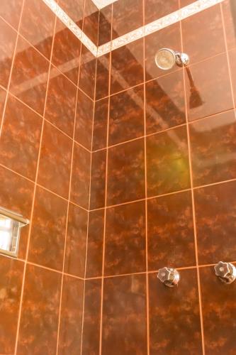 a bathroom with brown tiles and a shower at Santa Helena Plaza in Oaxaca City