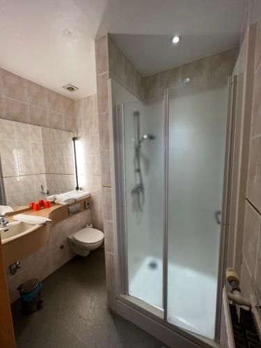 a bathroom with a shower and a toilet and a sink at Hotel Canteklaar in De Haan