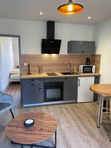 a kitchen with a counter and a table in a room at T2 face gare SNCF Appart Hotel le Cygne 1 in Bourges