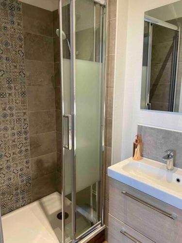 a shower with a glass door next to a sink at T2 face gare SNCF Appart Hotel le Cygne 1 in Bourges