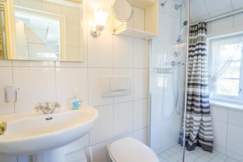 e bagno con lavandino, servizi igienici e doccia. di Lütje Hüs a Westerland