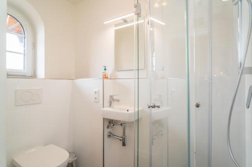 a bathroom with a shower and a sink and a toilet at Gode Stuv in Westerland